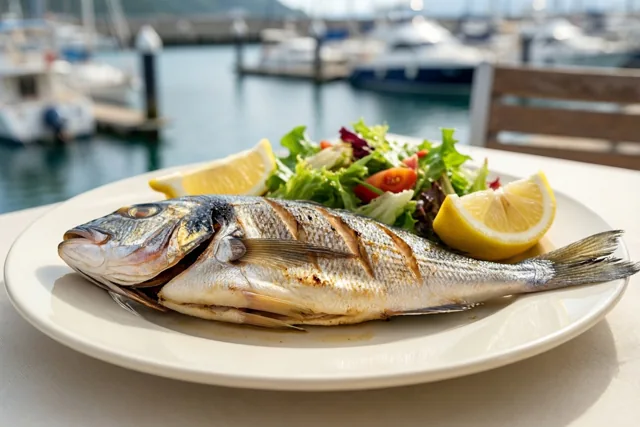 Een hele gegrilde vis met citroenpartjes en salade ligt op een wit bord op een haventerras, met een jachthaven en boten in helder daglicht op de achtergrond.