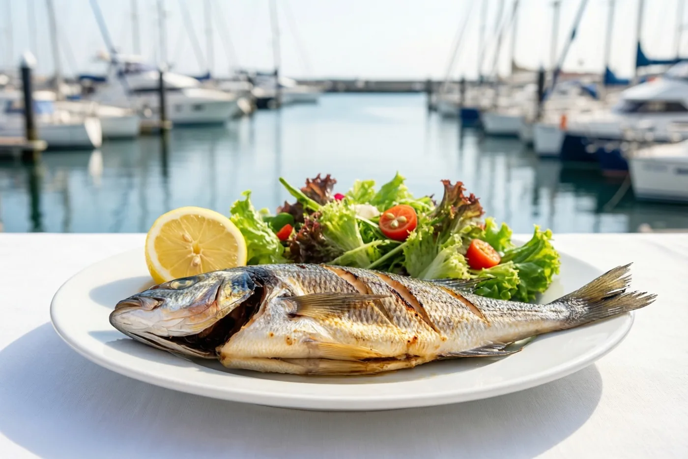 Een hele gegrilde vis met een partje citroen en verse salade ligt op een wit bord op een haventerras, met boten op kalm water in helder daglicht erachter.