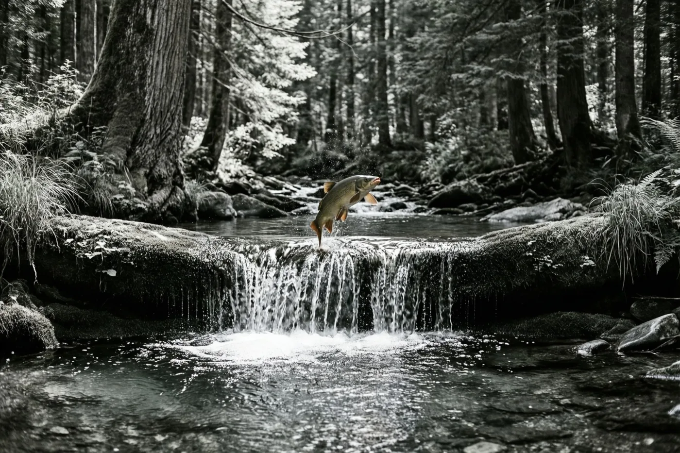 Een vis springt over een kleine waterval in een bosbeek tussen hoge bomen, mos en rotsen, in een contrastrijk zwart-witbeeld.