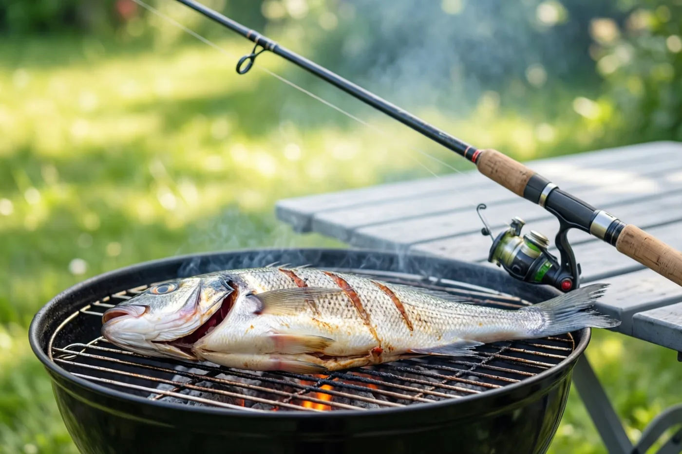 Een hele vis ligt op een zwarte houtskoolbarbecue in een zonnige tuin met gras en bomen, met een hengel tegen een houten tafel vlakbij.