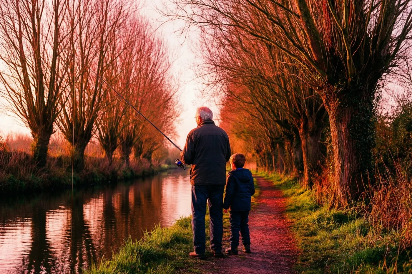 Een oudere man en een jong kind vissen langs een kanaal tussen rijen kale knotwilgen bij zonsondergang.