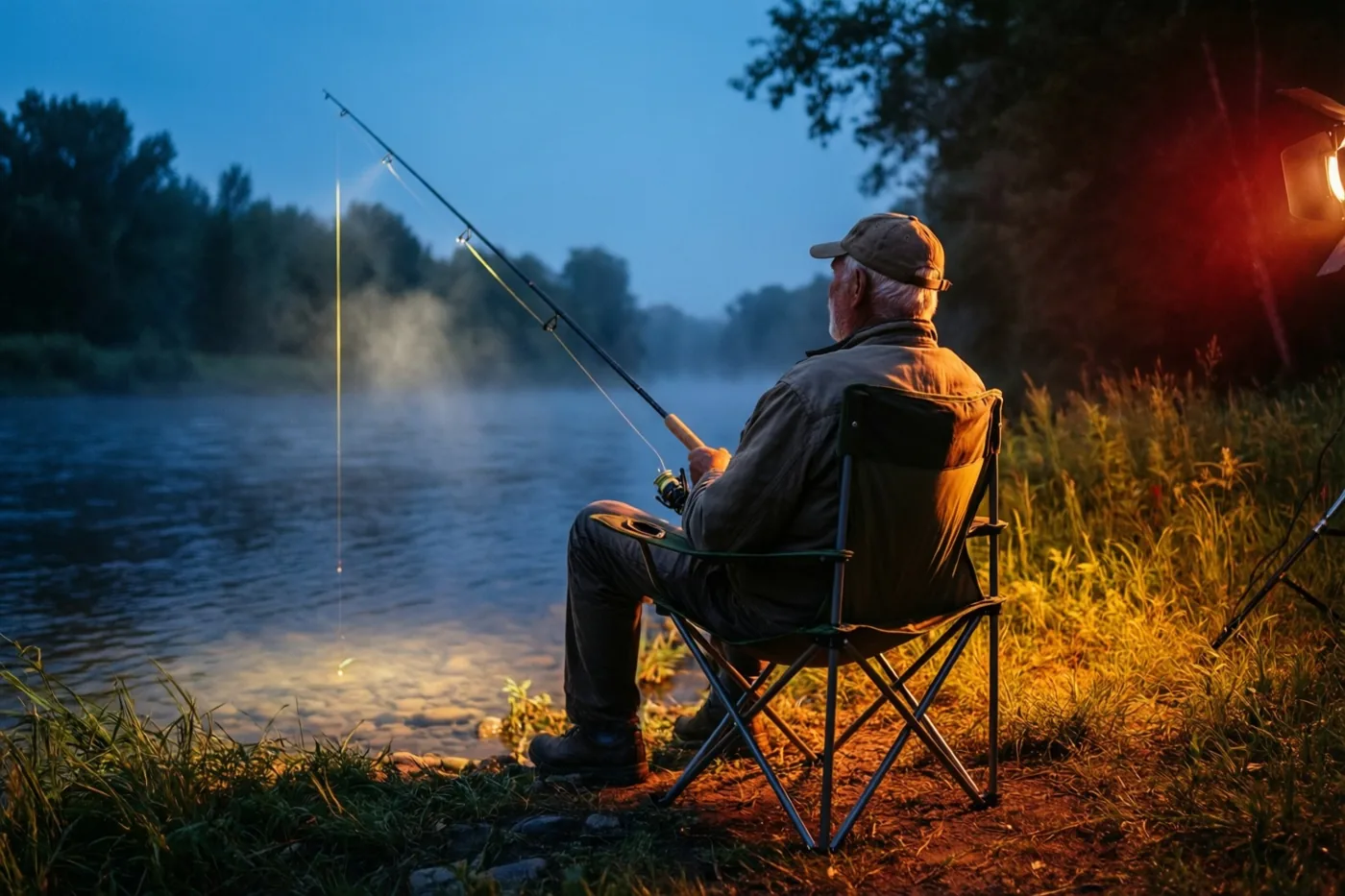 Een oudere man zit bij het vallen van de avond in een vouwstoel te vissen aan een mistige rivier, met rechts het warme licht van een lamp naast de blauwe tinten van water en lucht.
