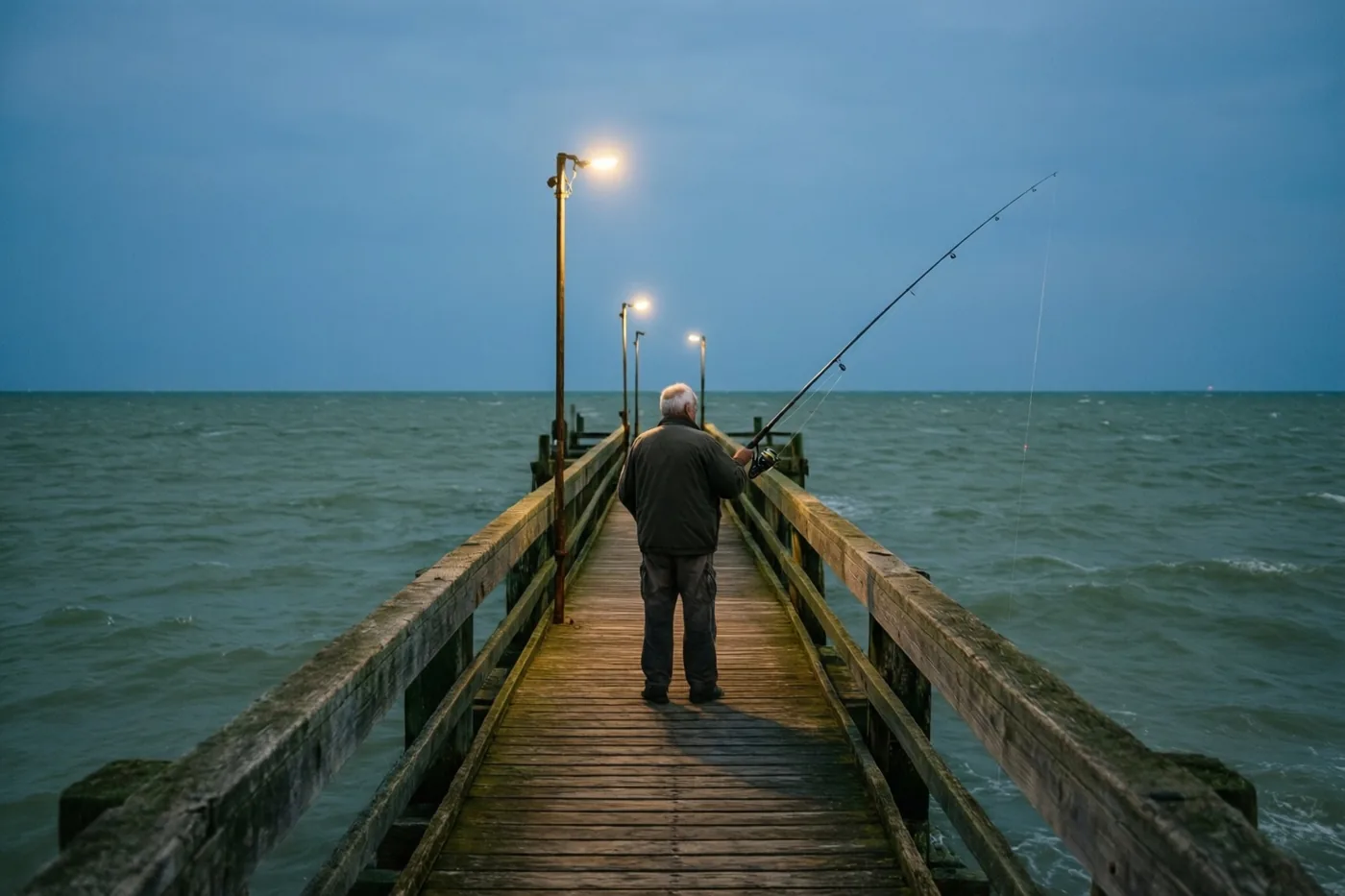 Een oudere man met wit haar werpt zijn hengel uit vanaf een verweerde houten pier met warm brandende lantaarns, bij een grijsgroene zee onder een schemerige hemel.