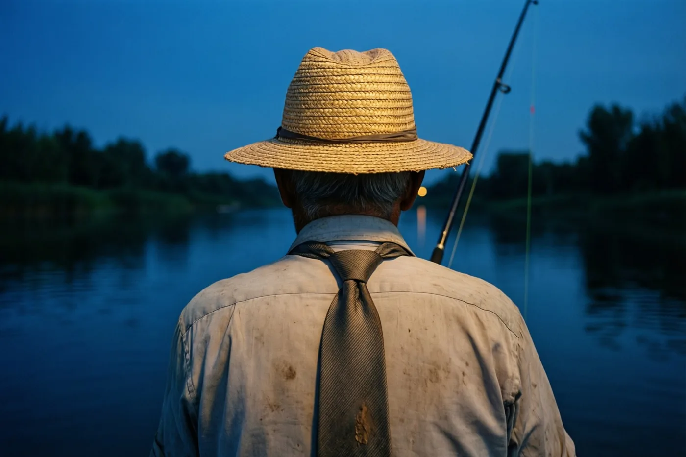 Een oudere man vist met zijn rug naar de kijker bij schemering aan een rustige rivier, met een oude kantoordas rond zijn strohoed en diepe blauwtinten rondom.