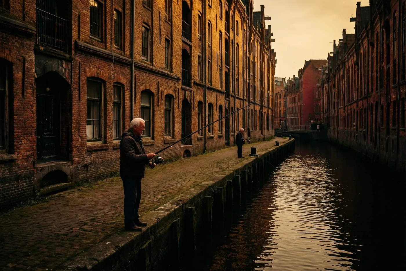 Een oudere man vist op een kasseienkade langs een smal kanaal met hoge verweerde bakstenen gebouwen, met een tweede figuur in de verte onder een goudkleurige hemel.