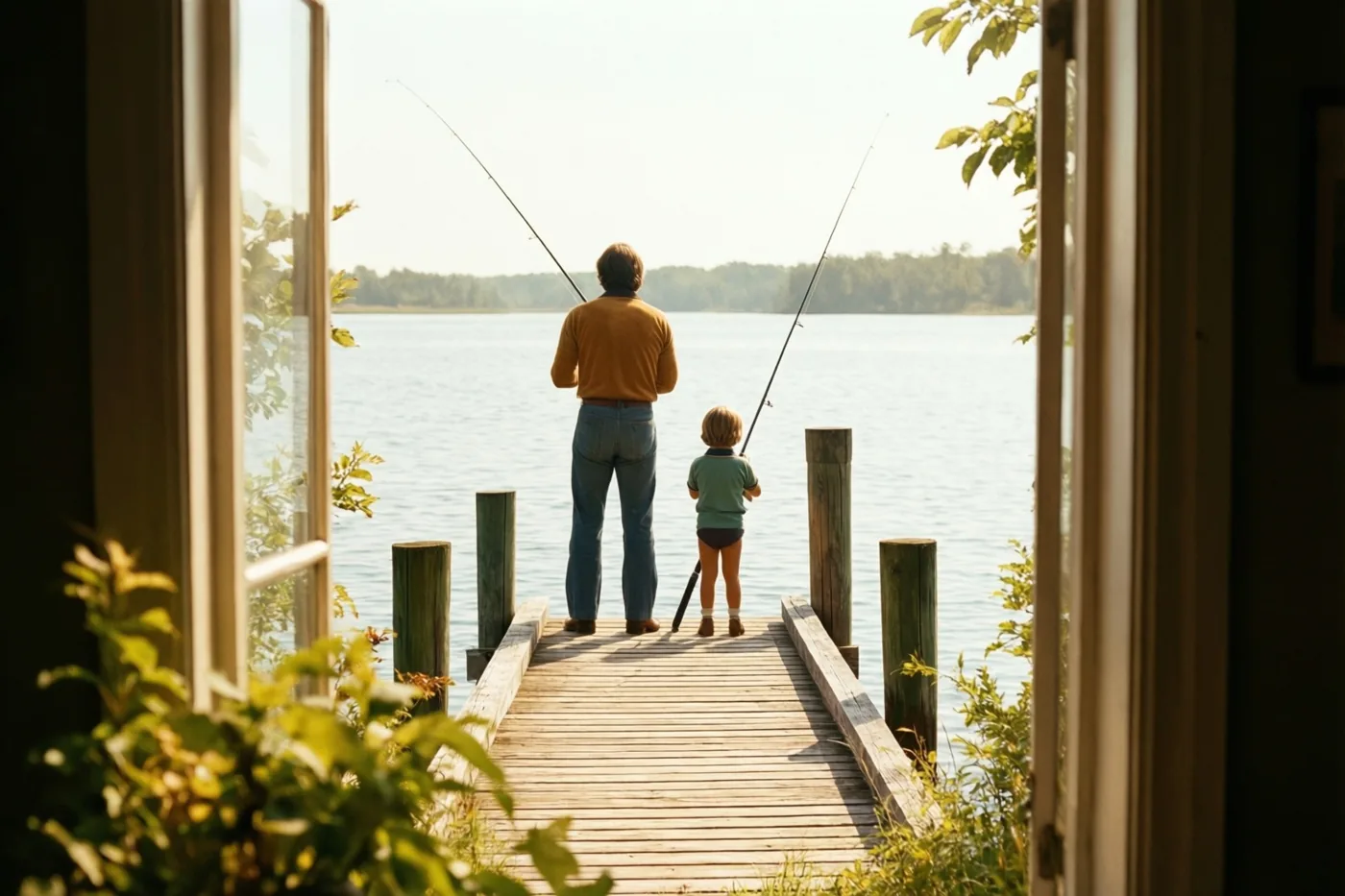 Door een open deuropening zijn een vader en kind van achteren te zien terwijl ze op een houten steiger vissen, in vervaagde gele, blauwe en groene filmtinten uit de jaren zeventig.