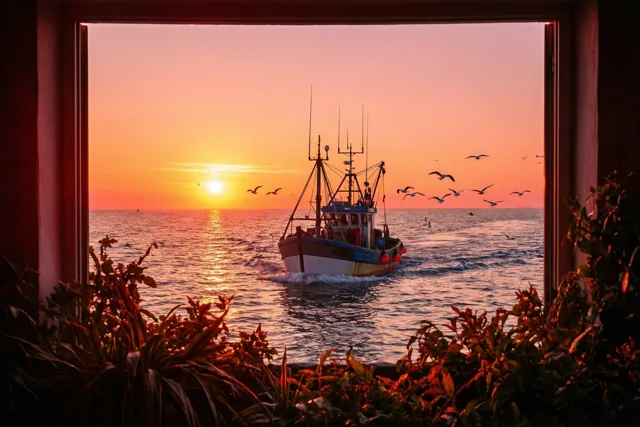 De vissersboot groet de ochtend