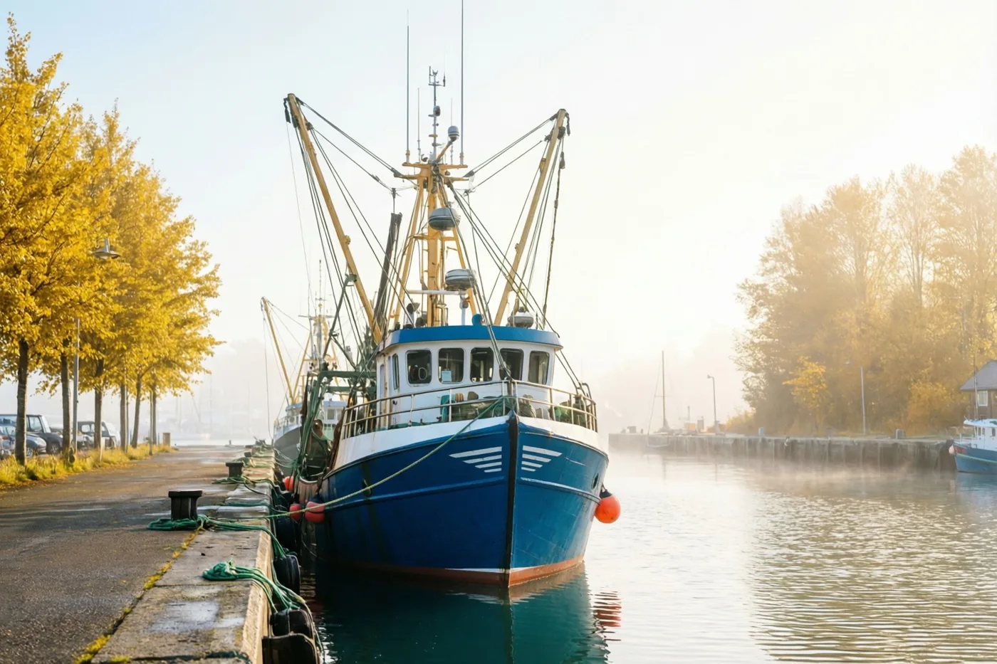 Een blauwe vissersboot ligt aangemeerd in een mistige haven met gouden herfstbomen langs de kaai, in zacht ochtendlicht.