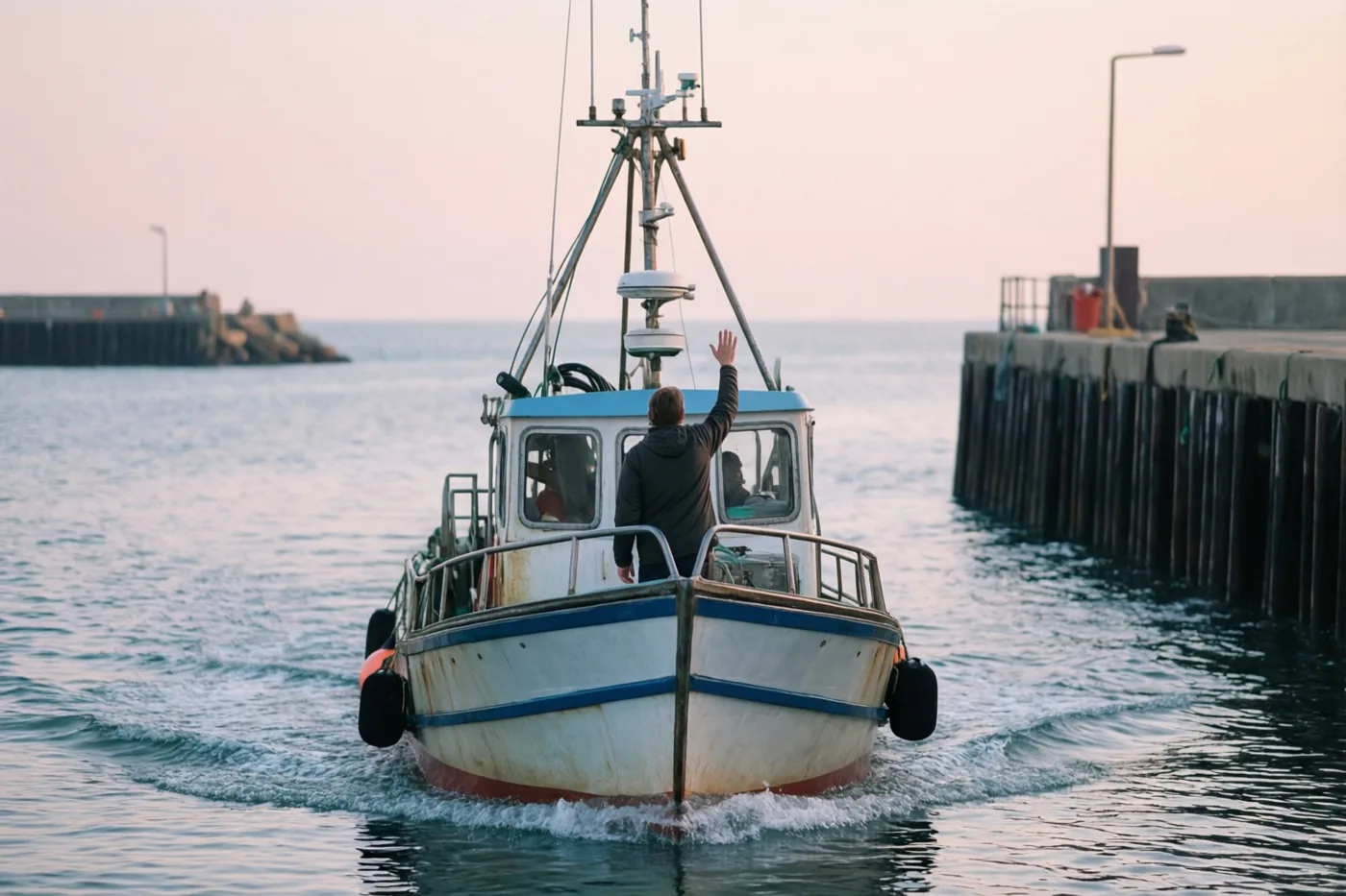 Een vissersboot met een zwaaiende persoon achteraan verlaat bij schemering een havenpier in zachte roze en blauwe tinten.