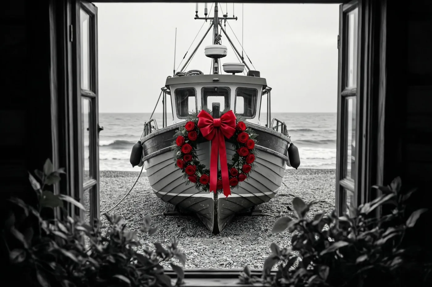 Door een open raam is een vissersbootje met een rode rozenkrans aan de boeg te zien op een kiezelstrand, in een verder zwart-wit beeld.