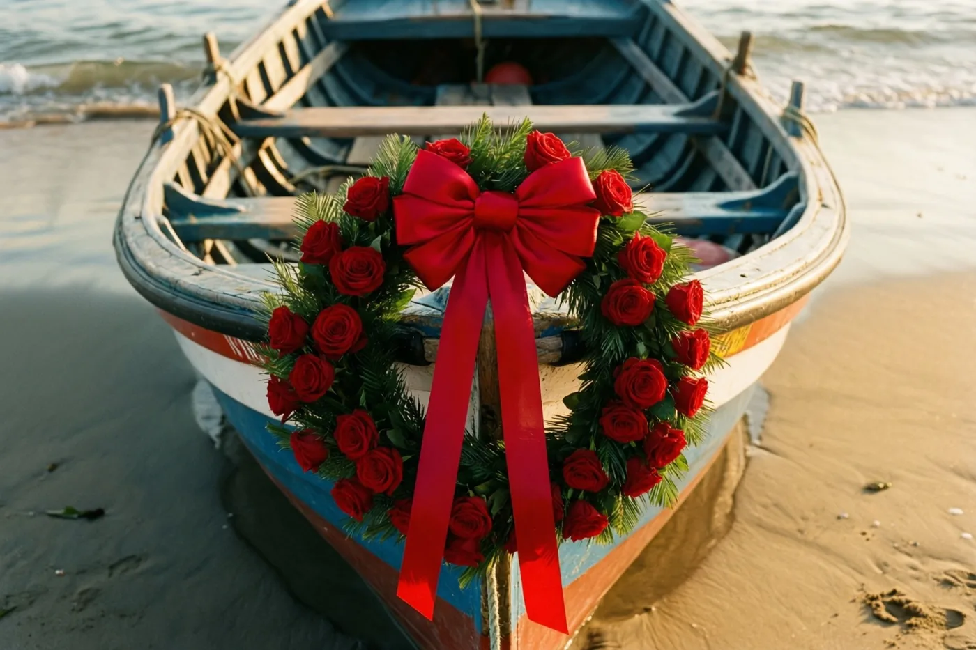 Een vissersbootje ligt op een zandstrand met zachte golven op de achtergrond en een krans van rode rozen met een grote rode strik aan de boeg.