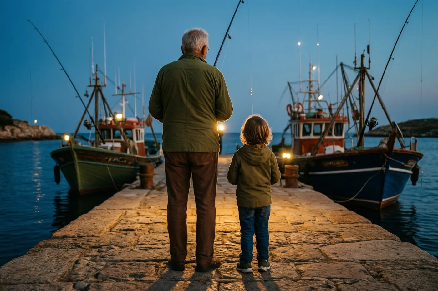 Een oudere man en een klein kind staan met hun rug naar de kijker op een stenen pier en kijken naar aangemeerde vissersboten in de schemering, bij warm lamplicht.
