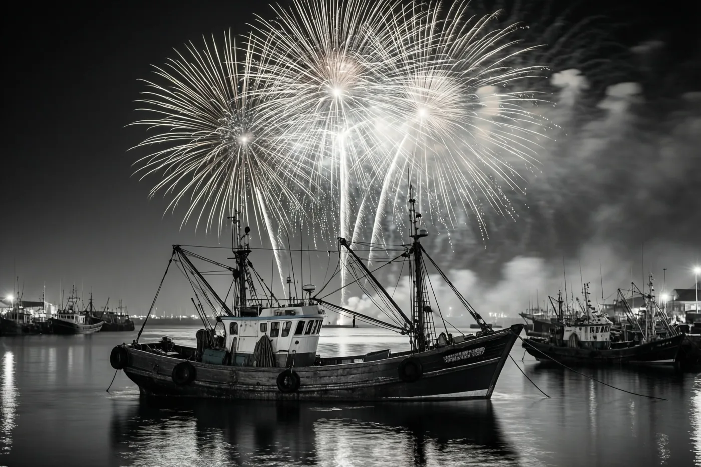 Helder vuurwerk barst open boven vissersboten die op rustig havenwater voor anker liggen, in een zwart-wit nachtbeeld.