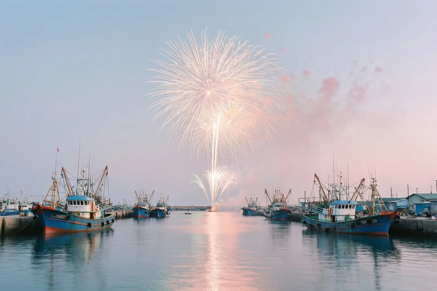 Vuurwerk licht op boven een kalme haven met vissersboten langs de aanlegplaatsen, in zachte blauwe en roze tinten.