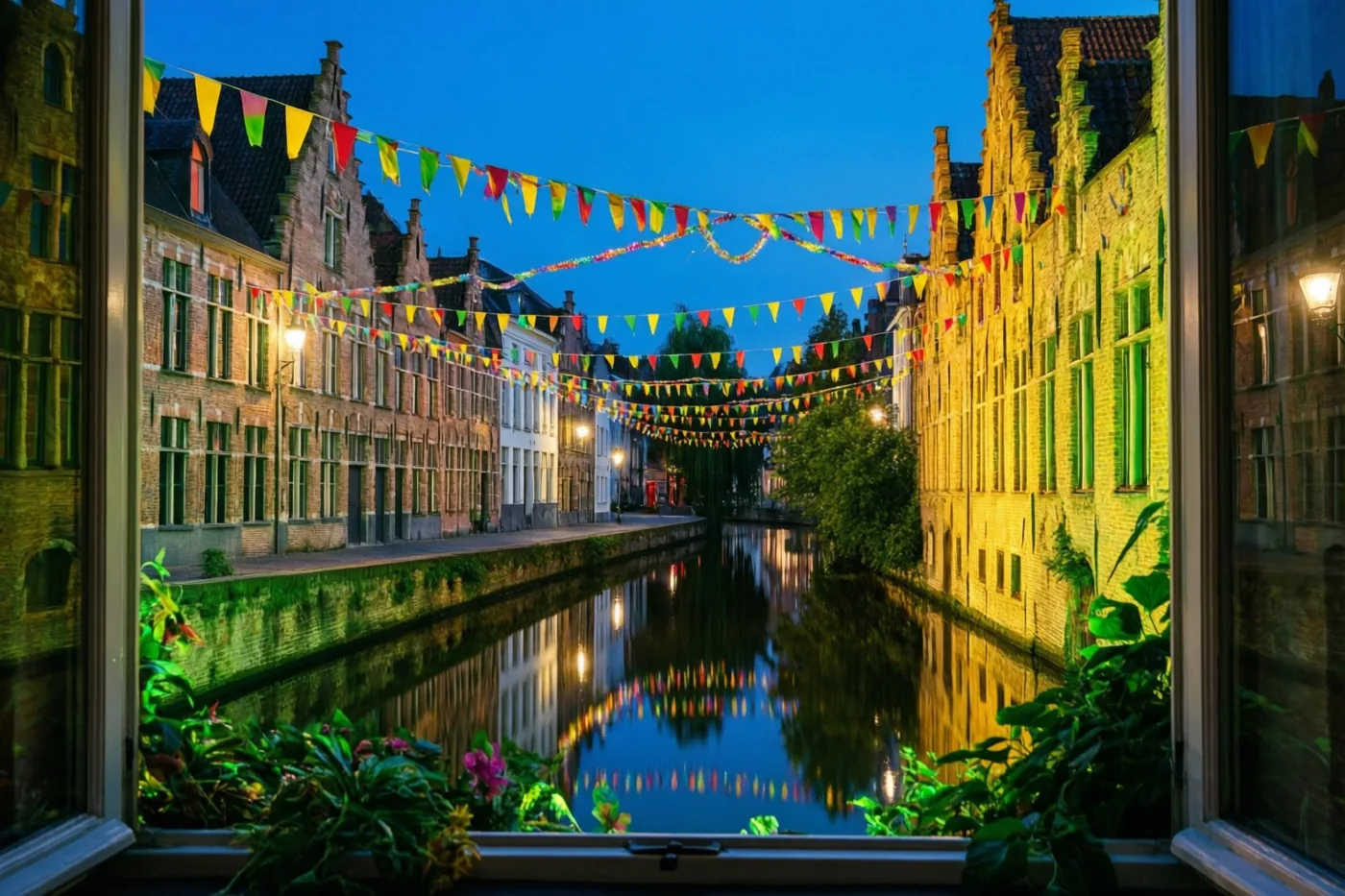 Vanuit een kamer kijk je door een raam naar een kanaal bij schemering, met weerspiegelde carnavalsvlaggetjes, oude Vlaamse bakstenen gebouwen en groen op de voorgrond.