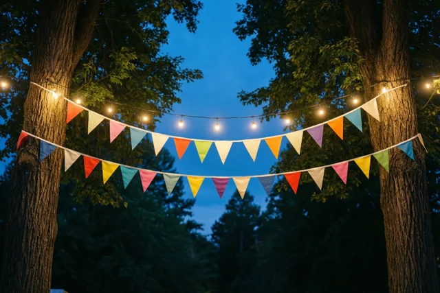 Blauwe, groene, oranje, roze en witte driehoekige vlaggetjes hangen tussen twee bomen tegen een schemerhemel.