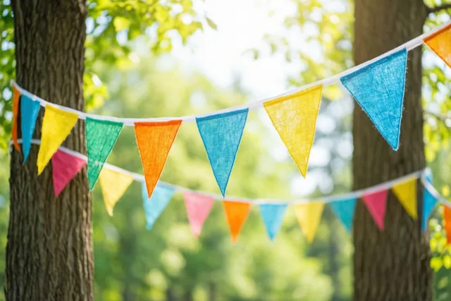 Felgekleurde driehoekige vlaggetjes hangen tussen twee boomstammen in een zonnige omgeving, met blauw, geel en groen als hoofdkleuren.