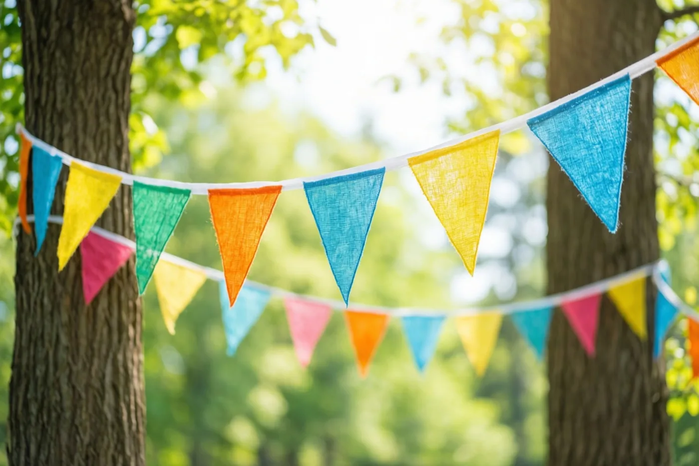 Felgekleurde driehoekige vlaggetjes hangen tussen twee boomstammen in een zonnige omgeving, met blauw, geel en groen als hoofdkleuren.
