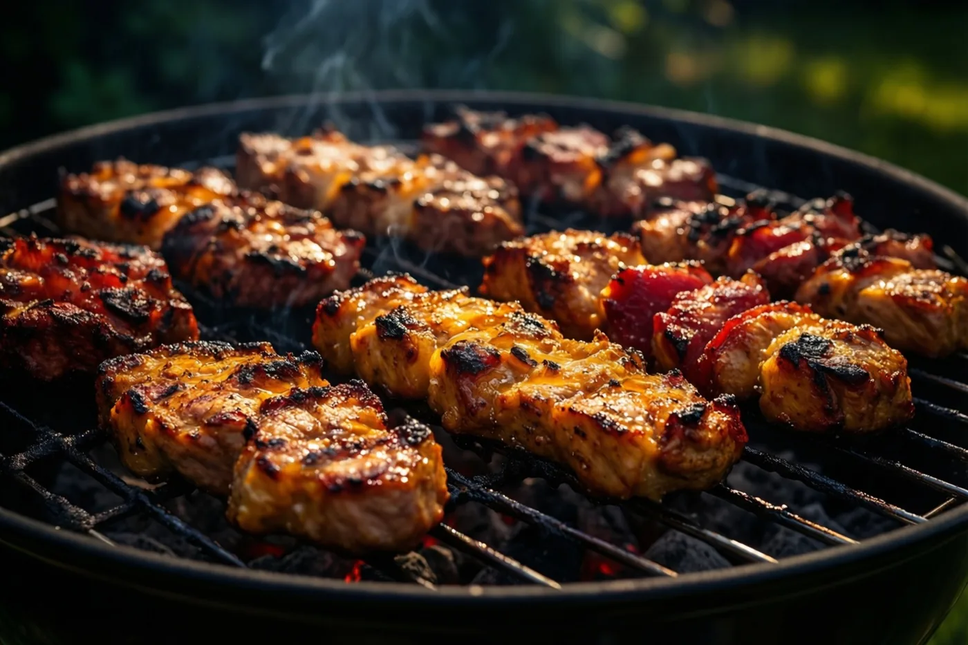 Vleesspiesen grillen boven gloeiende kolen in een zwarte barbecue, met opstijgende rook en een zonnige groene tuin op de achtergrond.