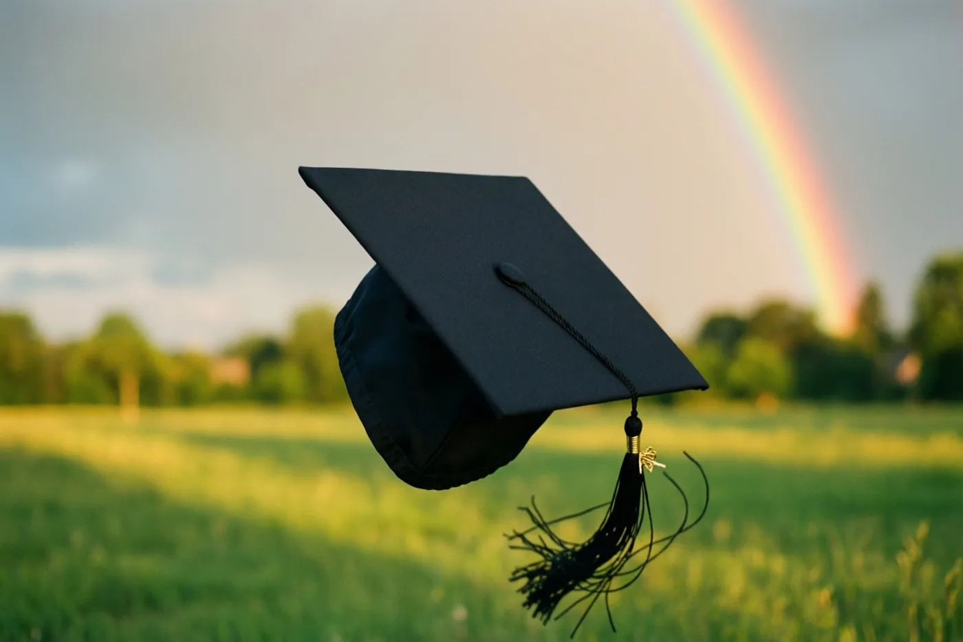 Een zwarte afstudeerhoed vliegt boven een groen veld met een regenboog aan de hemel.
