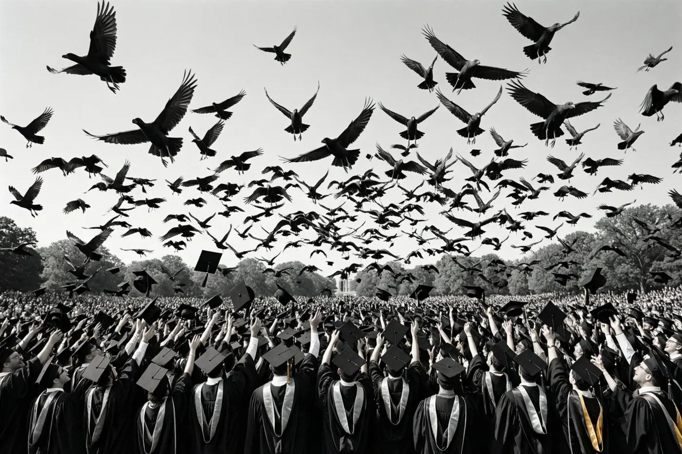 Een grote groep afgestudeerden in zwarte toga's gooit van achteren gezien de hoeden omhoog, terwijl vogels boven hen zweven tegen een bleke hemel met bomen op de achtergrond.