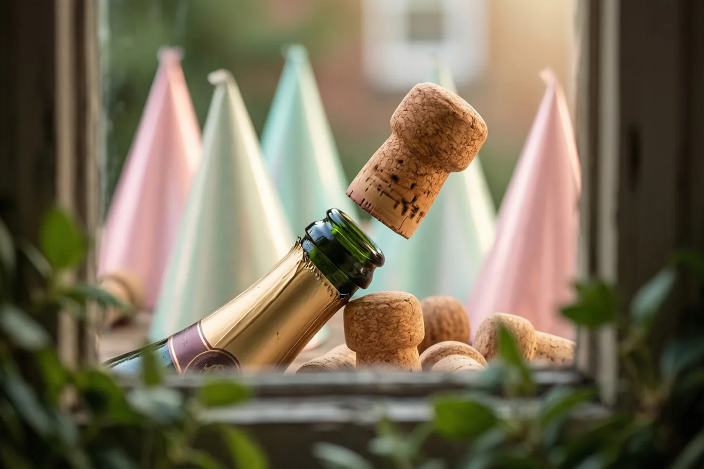 Een champagnekurk vliegt boven een fles, met onscherpe feesthoedjes op de achtergrond en een raam en groen eromheen in zachte pasteltinten.