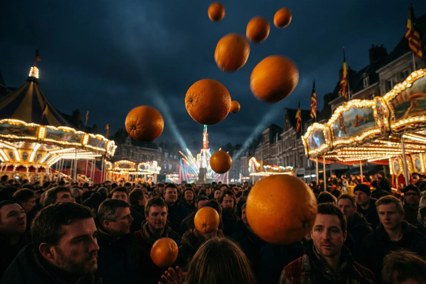 Sinaasappels met bewegingsonscherpte vliegen boven een dichte carnavalsmenigte, verlicht door warme feestlichtjes onder een donkerblauwe nachtelijke hemel.
