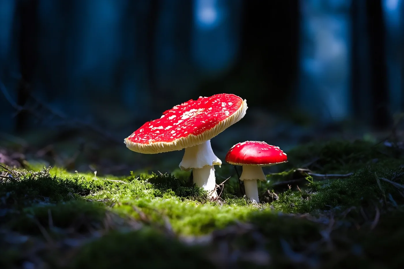Twee rode vliegenzwammen met witte stippen groeien op felgroen mos in een donker bos met blauwe tinten en een zacht wazige achtergrond.