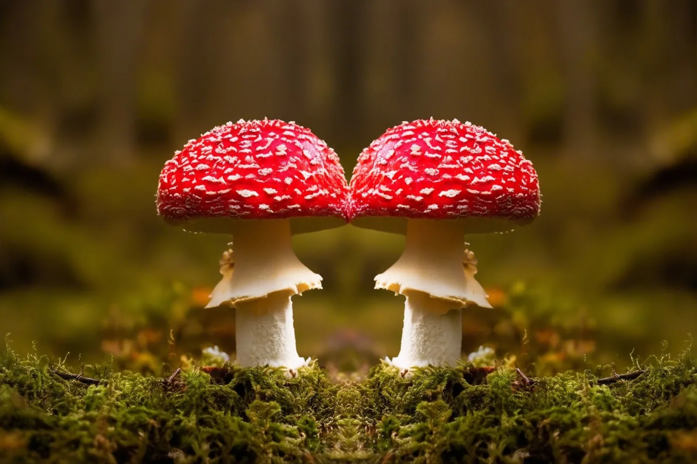 Twee rode vliegenzwammen met witte stippen staan naast elkaar op groen mos voor een zacht wazige bosachtergrond.