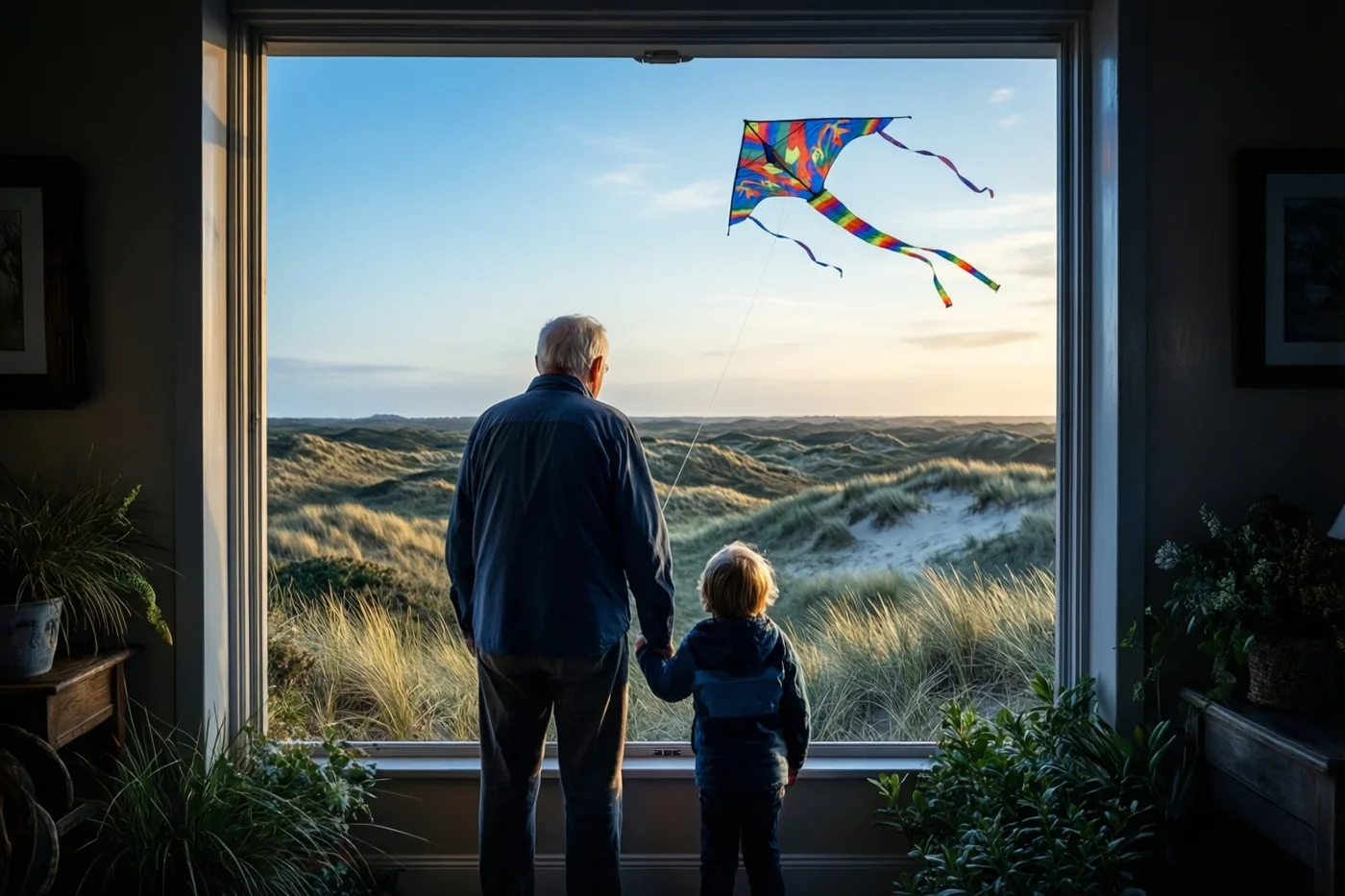 Een oudere man en een klein kind staan naast elkaar aan een raam en kijken naar een kleurrijke vlieger boven de duinen in gouden licht.