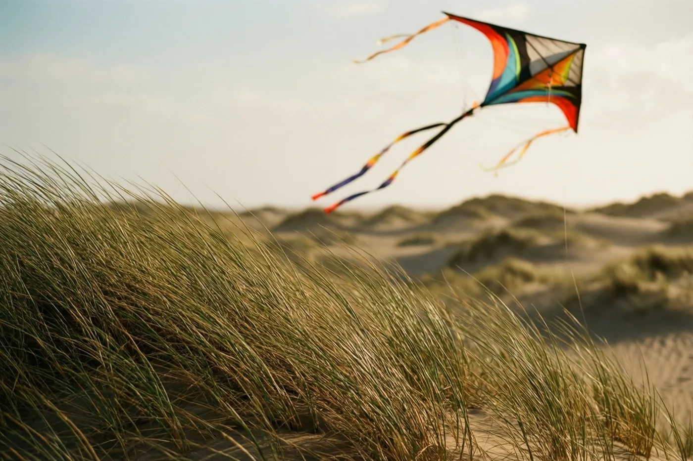 Een kleurrijke vlieger met lange staarten vliegt hoog boven zandduinen met hoog gras in warm, goudkleurig licht onder een bleke lucht.