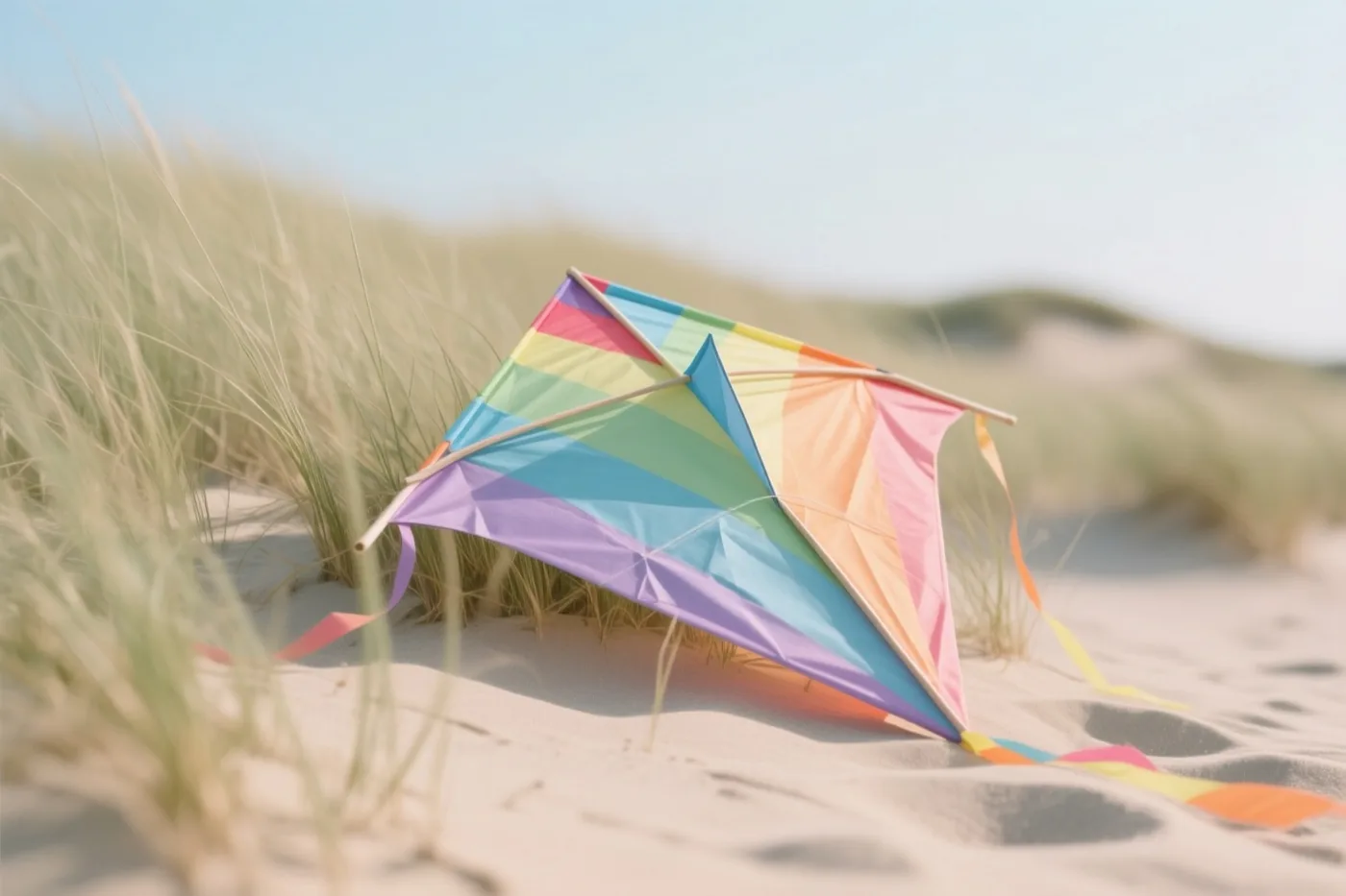 Een vlieger met een kleurrijk regenboogpatroon ligt tussen hoog gras op zandduinen onder een heldere hemel.