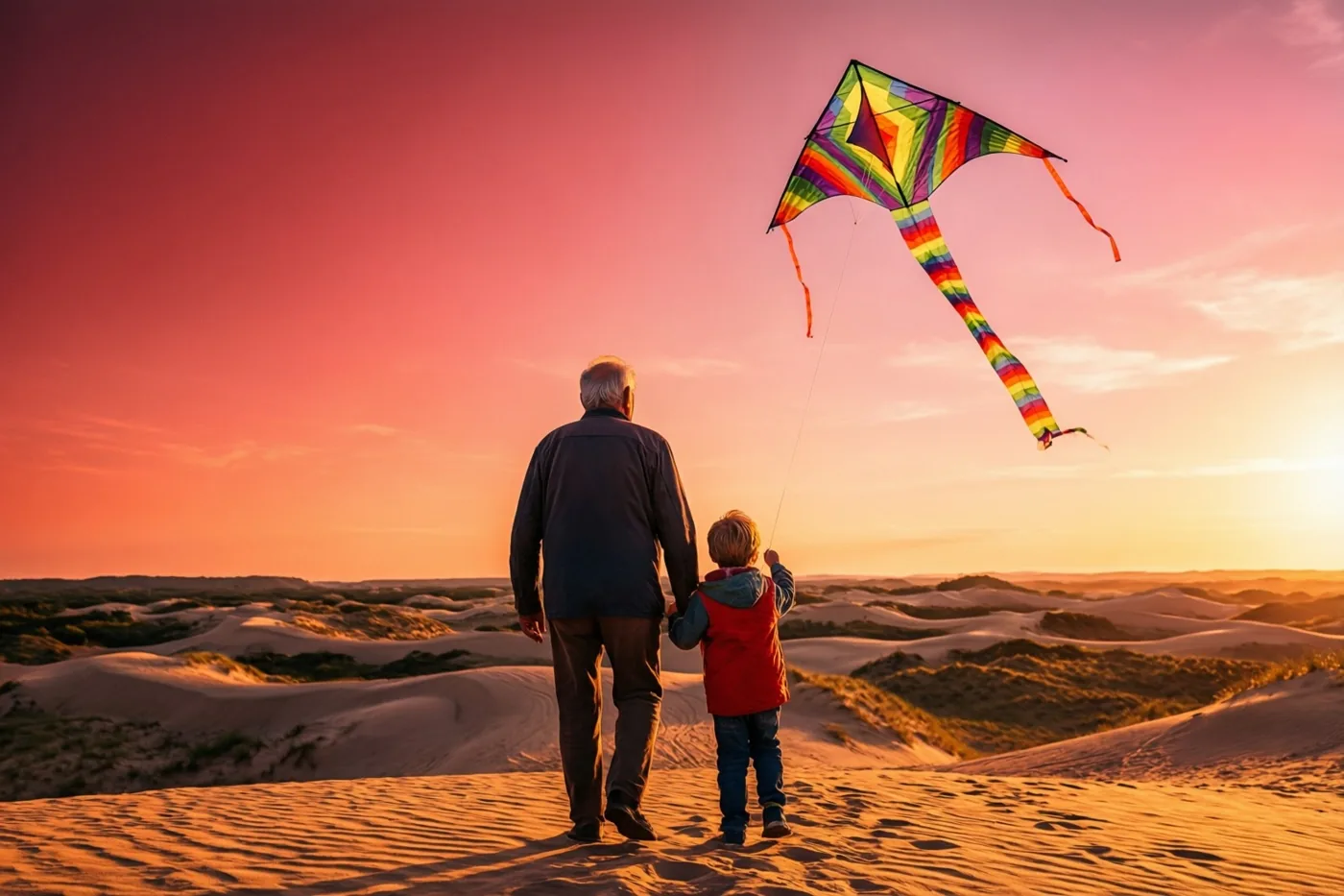 Een oudere man en een klein kind houden elkaars hand vast en laten een kleurrijke vlieger op boven de duinen bij zonsondergang.