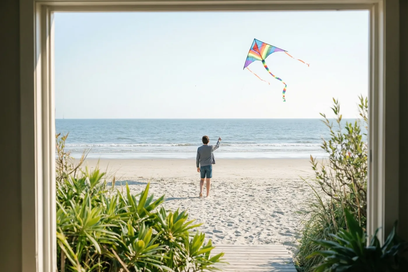Door een raam met groene bladeren aan weerszijden is een persoon van achteren te zien die op een breed zandstrand een regenboogkleurige vlieger oplaat onder een heldere hemel.