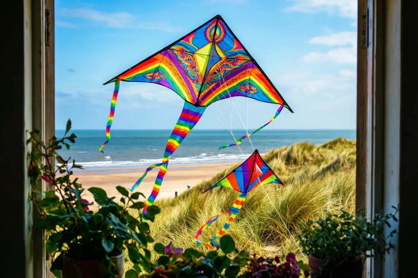 Door een raam met potplanten op de voorgrond zijn een grote en een kleine kleurrijke vlieger aan lijnen te zien op een winderig strand, met zee, duinen en een blauwe lucht.
