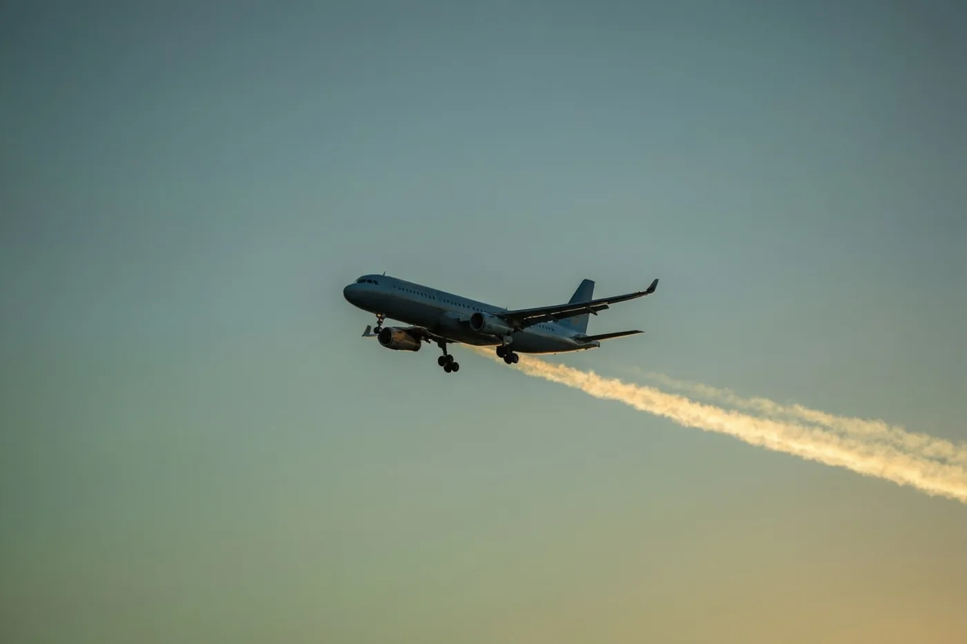 Een passagiersvliegtuig vliegt met een wit condensspoor door een lucht die van blauw naar oranje verloopt bij de horizon.