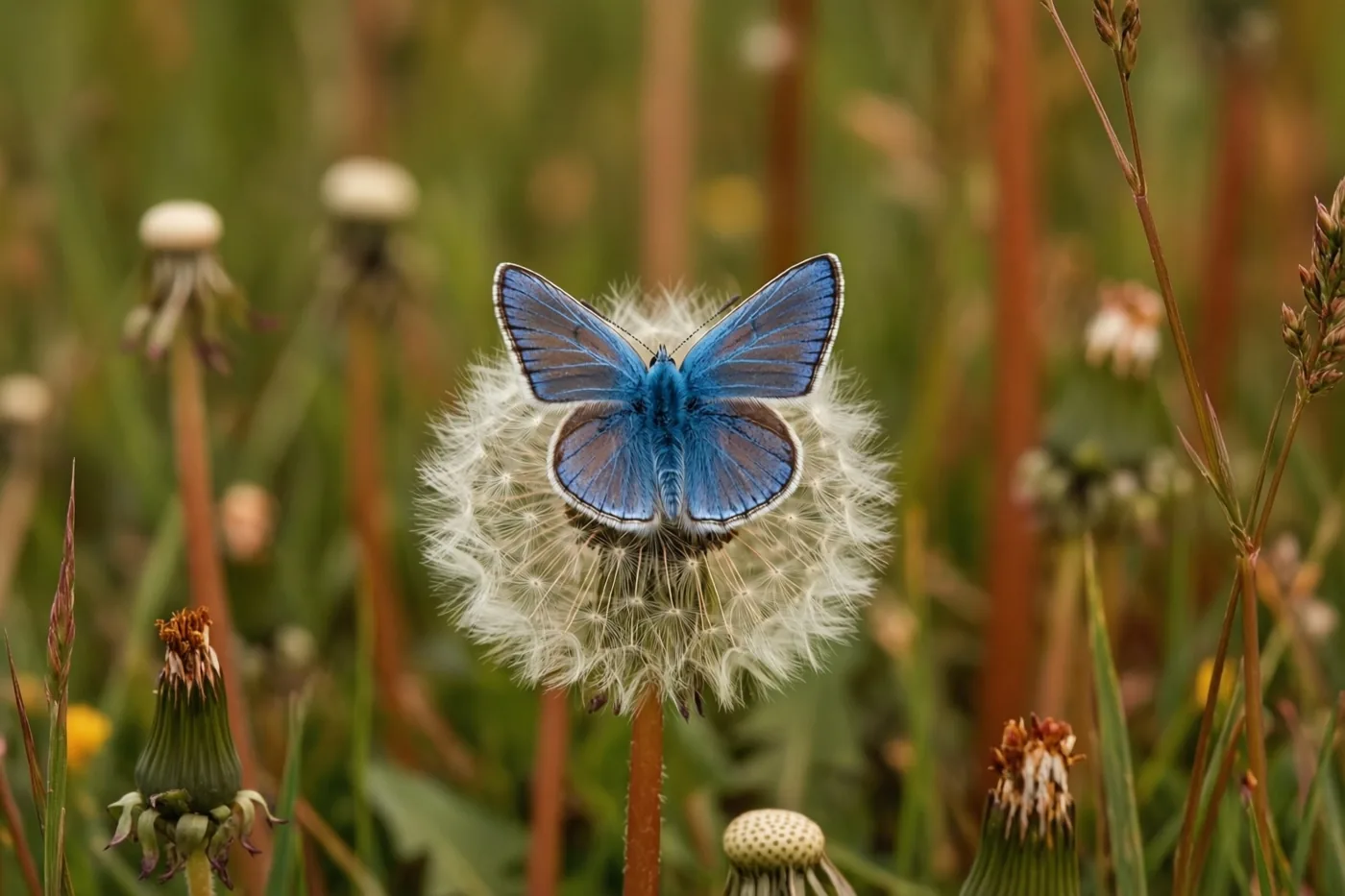 Een kleine blauwe vlinder zit op een witte paardenbloempluisbol in een grasweide, in zacht licht met een onscherpe achtergrond.