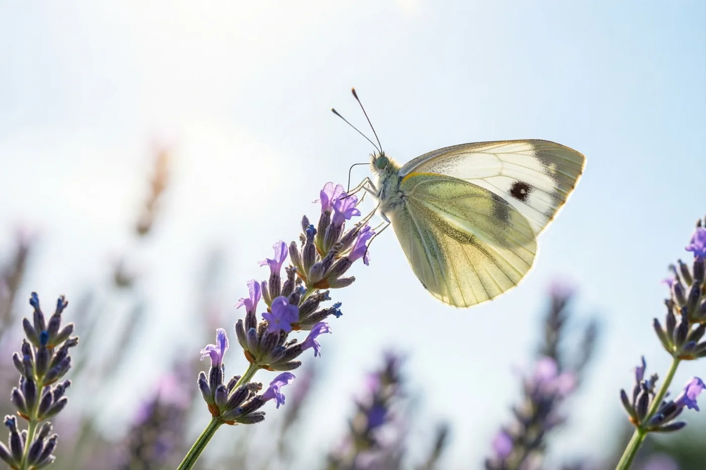 Een witte vlinder met lichtgele vleugels zit op een takje paarse lavendel tegen een heldere, nevelige hemel.