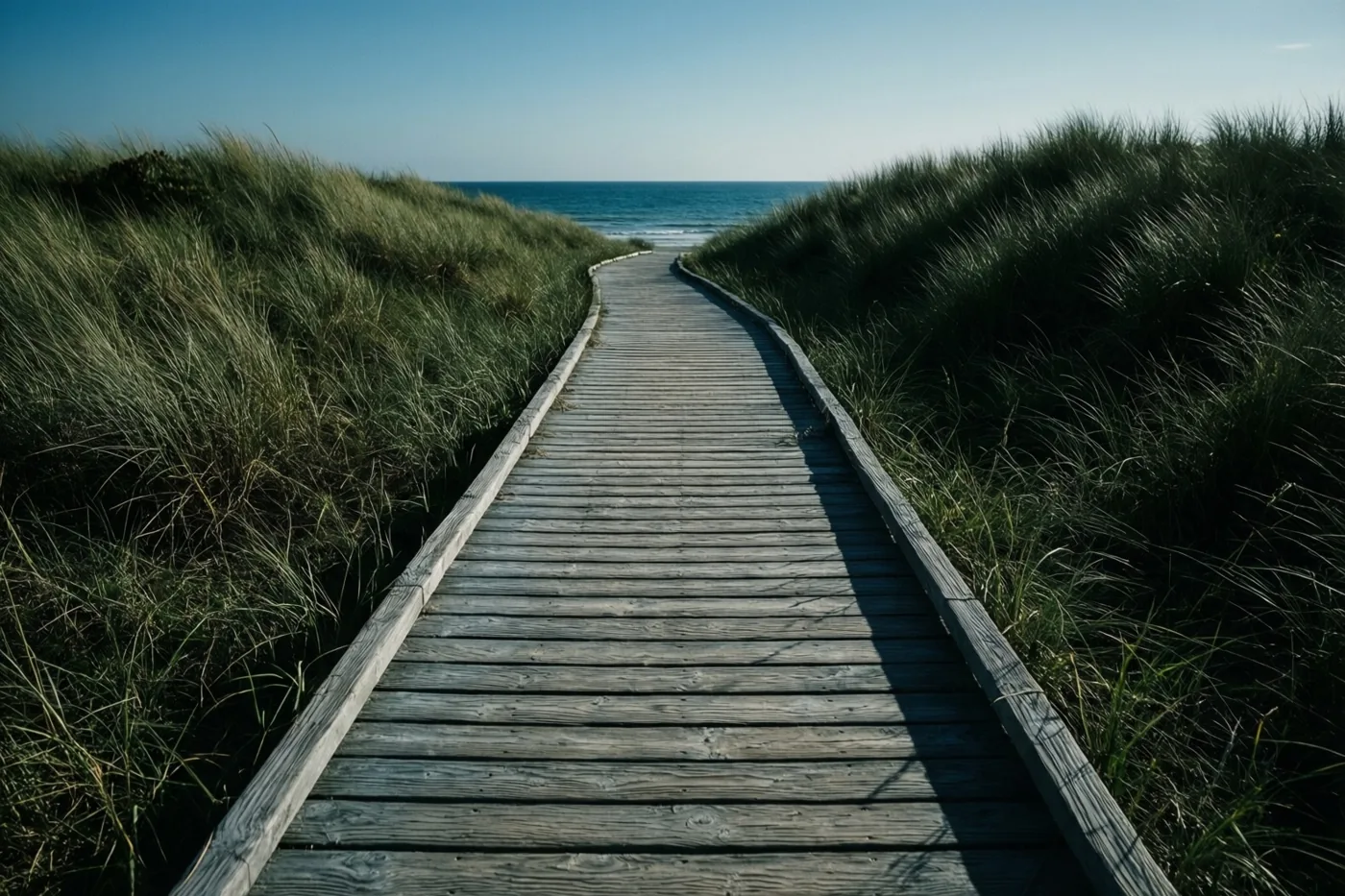 Een houten vlonderpad slingert door duinen met hoog gras naar een blauwe zee onder een heldere hemel, in fel zonlicht.