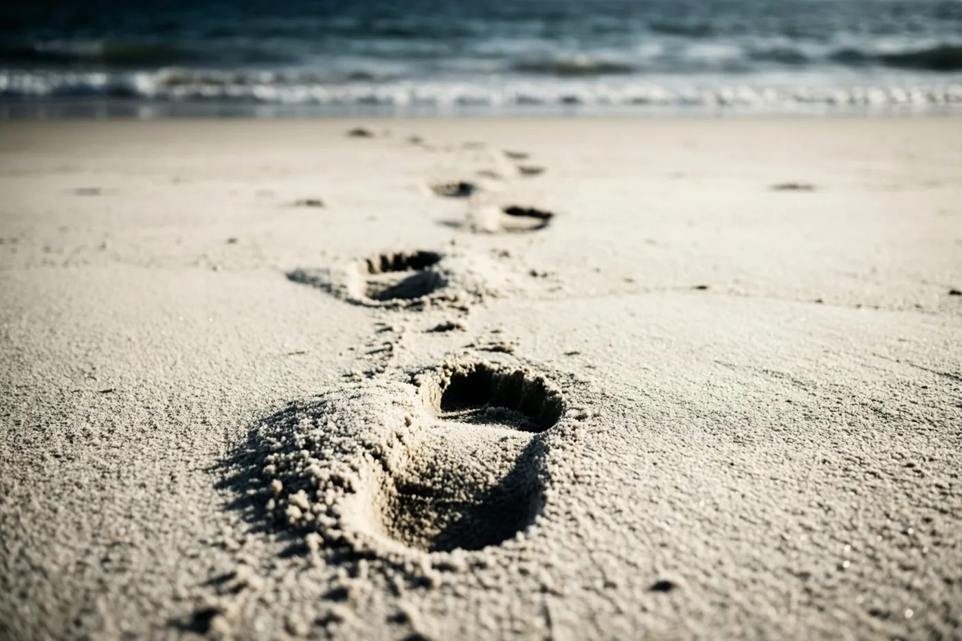 Voetafdrukken in nat strandzand lopen naar de zee, die onscherp op de achtergrond ligt.