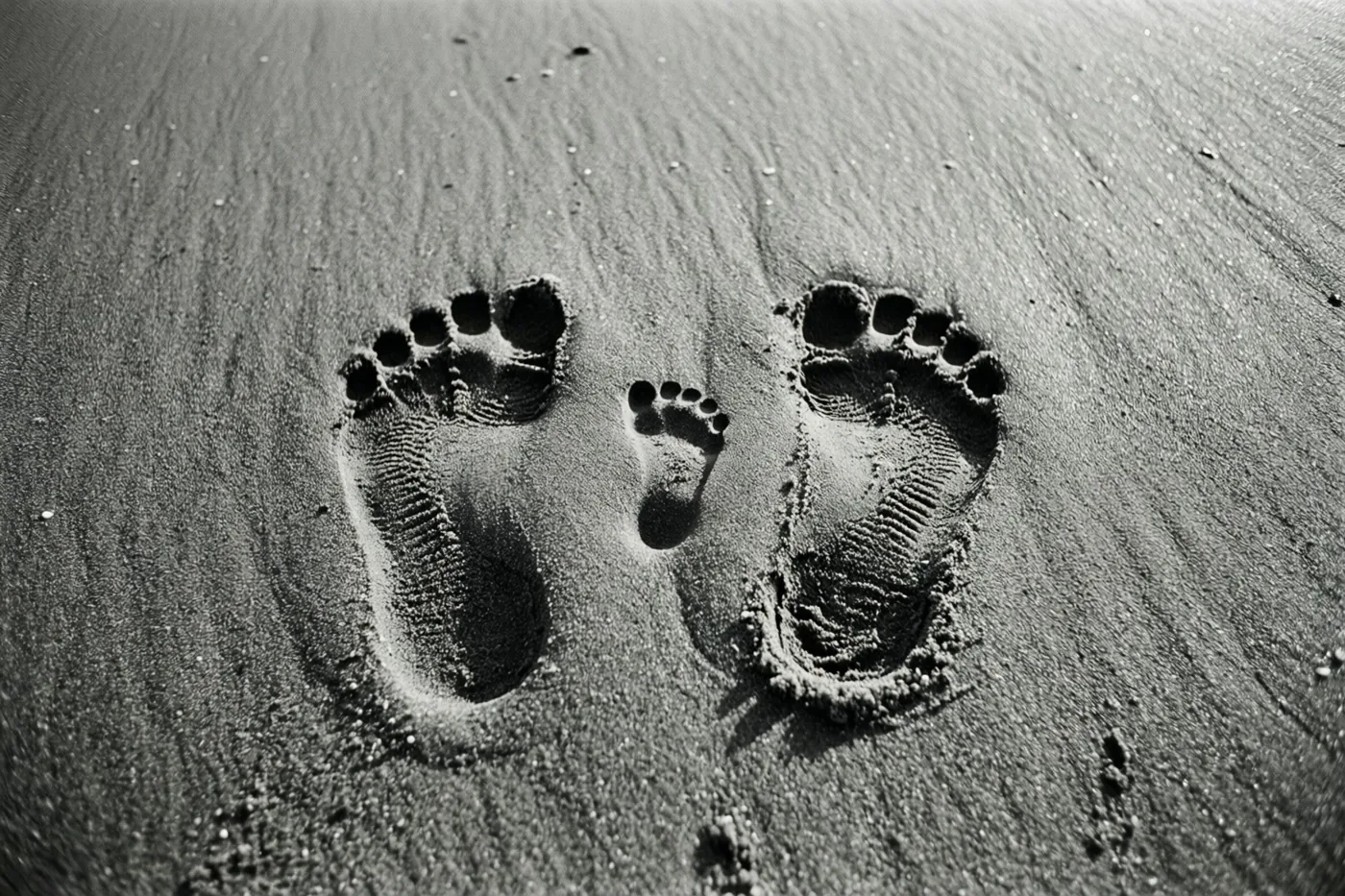 Een zwart-witfoto toont drie reeksen voetafdrukken in nat strandzand, met kleine babyafdrukken tussen grotere afdrukken van volwassenen.