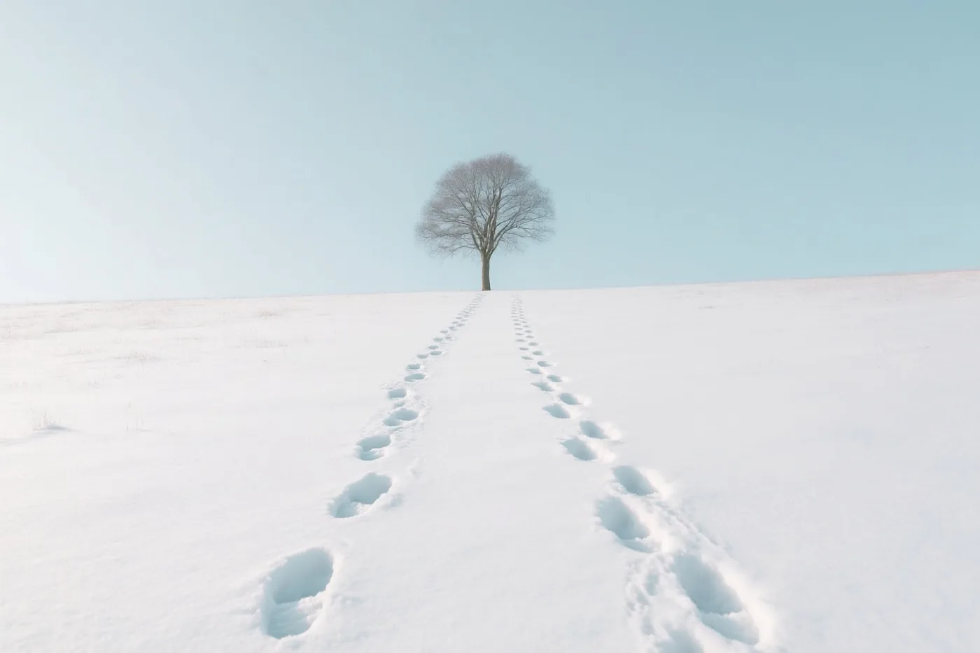 Twee evenwijdige voetsporen lopen door een besneeuwde weide naar een kale boom op een heuvel in de verte onder een lichtblauwe lucht.