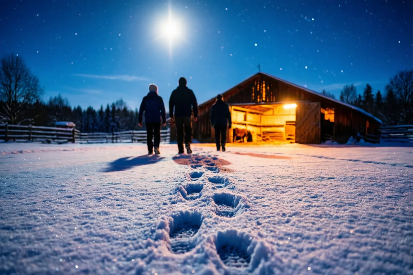 Drie mensen lopen van achteren gezien door diepe sneeuw naar een warm verlichte stal, met voetsporen achter hen en een heldere ster aan de donkerblauwe hemel.