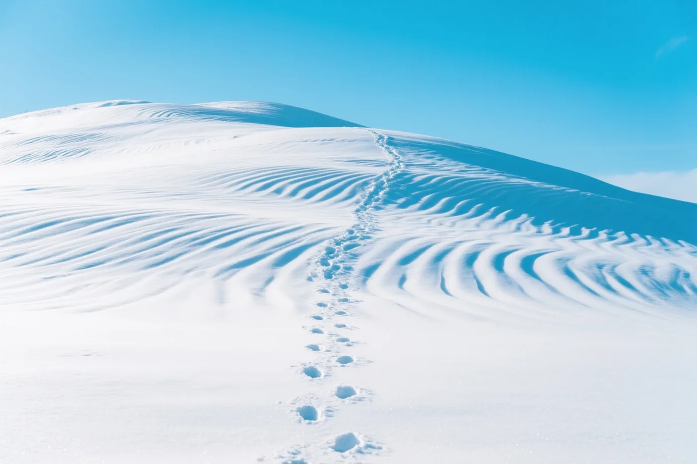 Een rij voetstappen loopt omhoog over een besneeuwde heuvel met windribbels onder een helderblauwe lucht.