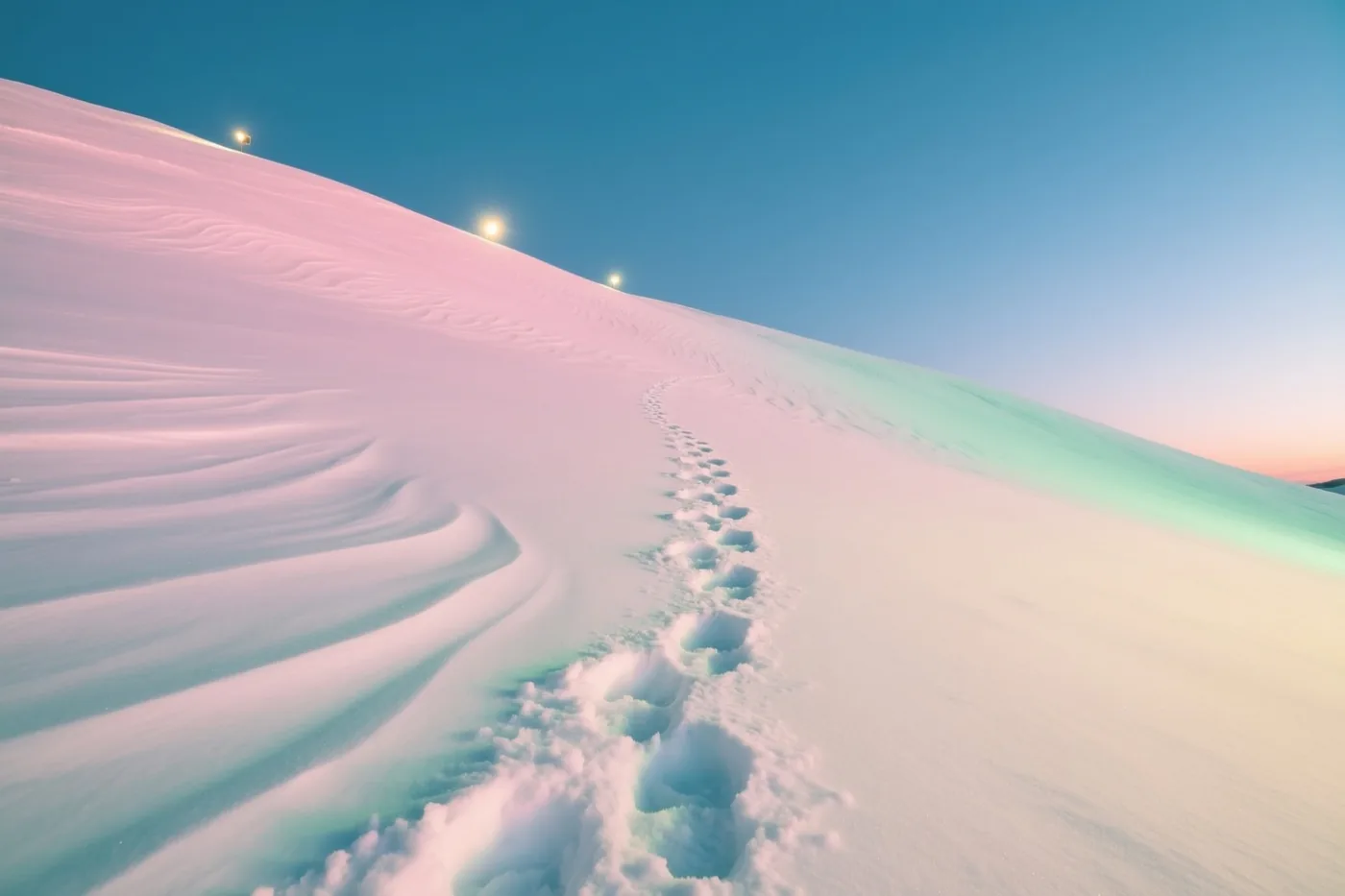 Een enkele rij voetsporen loopt omhoog over een besneeuwde heuvel met door de wind gevormde ribbels, onder een heldere hemel in roze, blauwe en blauwgroene pasteltinten.