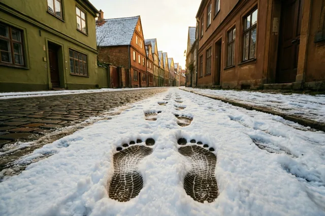 Twee reeksen voetstappen lopen naast elkaar door verse sneeuw op een kasseistraat met traditionele trapgevelhuizen onder een zacht bewolkte hemel.