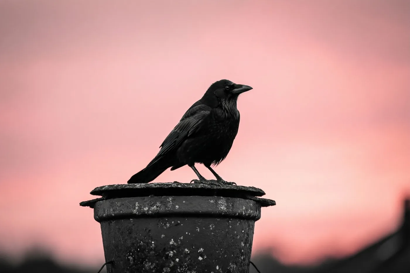 Een zwarte vogel zit op een verweerde schoorsteenpot tegen een zachtroze hemel.