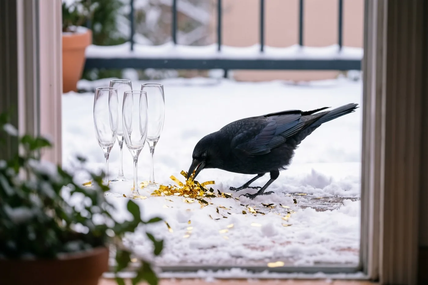 Door een raam is een zwarte vogel te zien die naar gouden confetti pikt op een besneeuwd terras naast vier lege champagneglazen, met een potplant op de voorgrond.