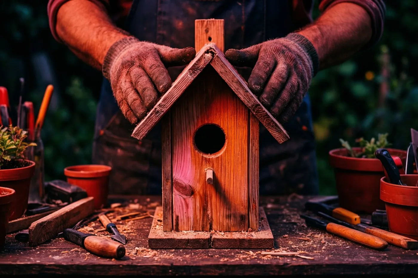 Handen in werkhandschoenen zetten een houten vogelhuisje in elkaar op een volle werkbank in een tuinatelier met warm roodachtig licht.
