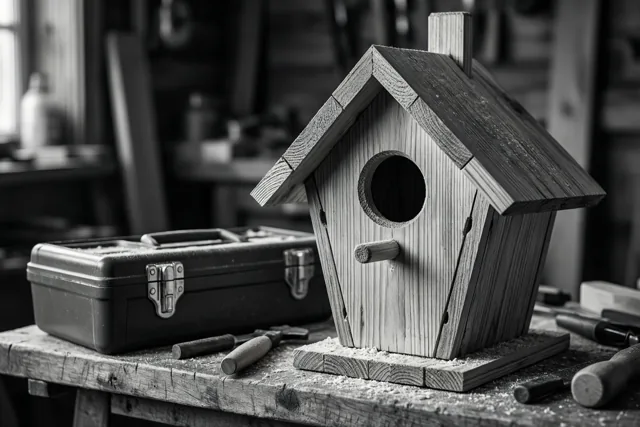 Een halfafgewerkt houten vogelhuisje met een ronde opening staat naast een gereedschapskist en gereedschap op een werkbank in een zwart-witbeeld.
